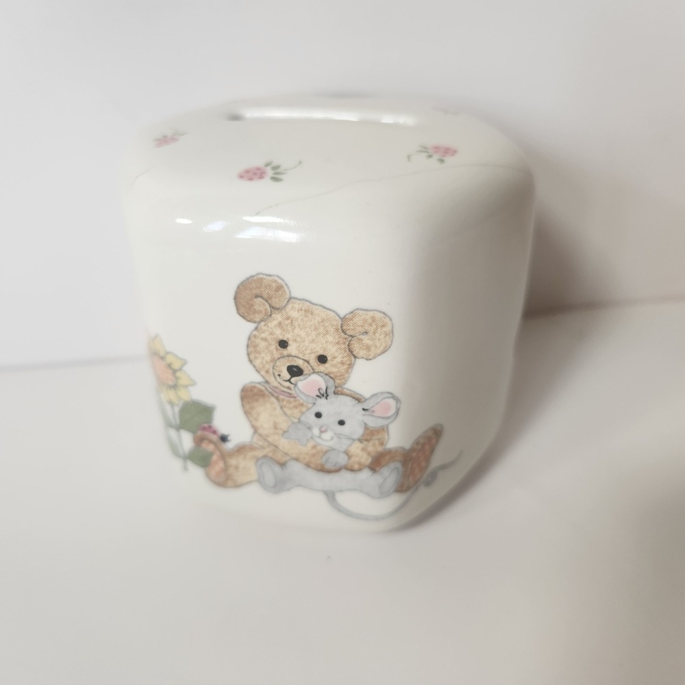 Vintage Ceramic Teddy Bear and Mouse‎ Coin Bank Hexagon White Nursery Decor